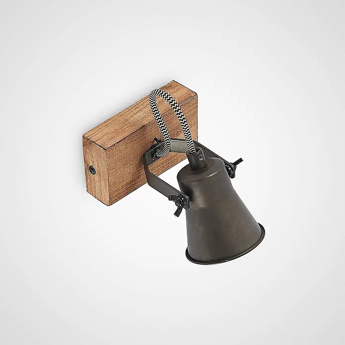 Lindby Deckenstrahler Grandesa - Holz dunkel, schwarz, GU10 - Industrielle Wandleuchte mit Holzsockel und verstellbarer, dunkler Metall-Konuslampe, mit schwarz-weißem Zickzack-Stoffkabel.