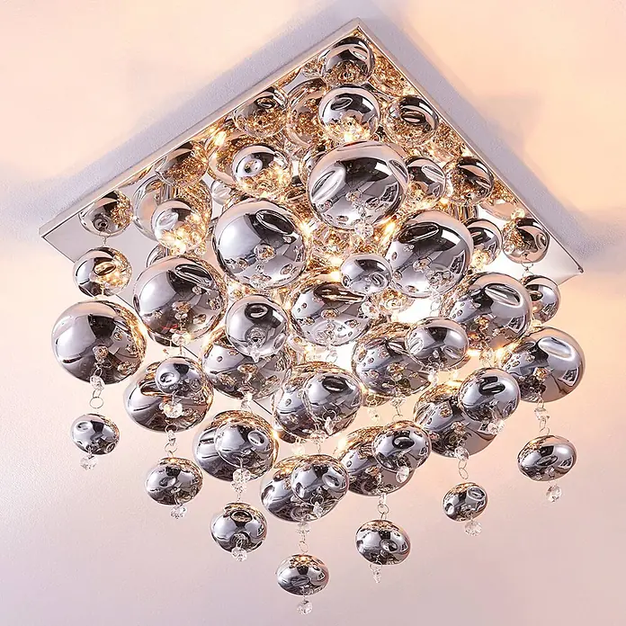 Lindby Deckenleuchte Esfera - L x B x H: 35 x 35 x 42 cm, chrom / silber, klar / transparent, G9 - Quadratische Deckenleuchte mit vielen reflektierenden Silberkugeln und Kristallakzenten, die warmes Licht spendet.