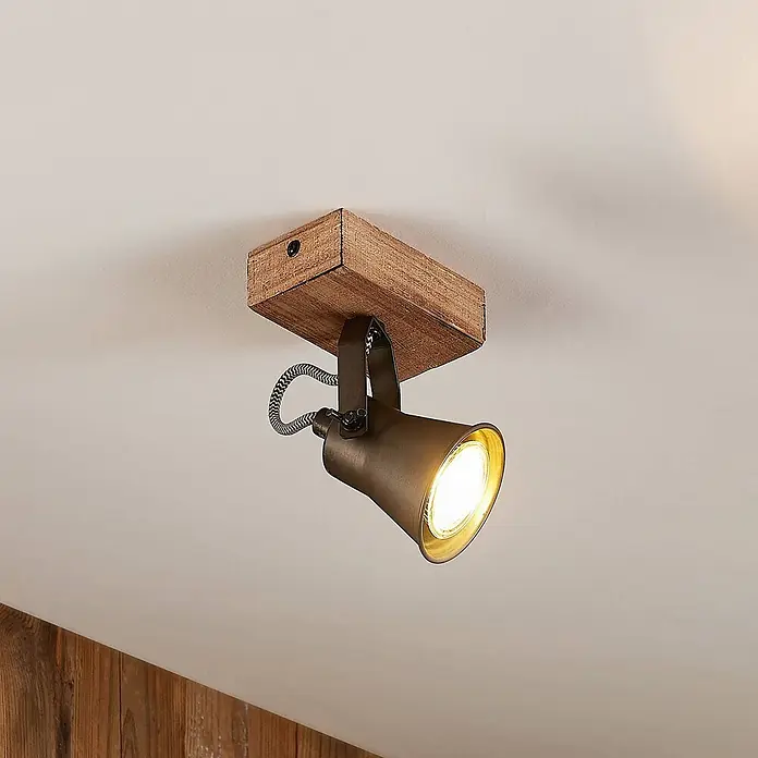 Lindby Deckenstrahler Grandesa - Holz dunkel, schwarz, GU10 - Deckenstrahler mit rechteckiger Holzhalterung, antikem Messing-Spotkopf und geflochtenem Kabel. Gibt warmes Licht ab.