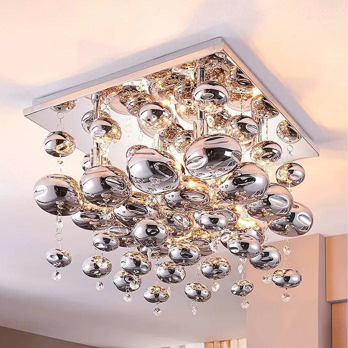 Lindby Deckenleuchte Esfera - L x B x H: 35 x 35 x 42 cm, chrom / silber, klar / transparent, G9 - Moderne Chrom-Deckenleuchte mit mehreren verspiegelten und klaren Glaskugeln, teils mit Kristalltropfen.