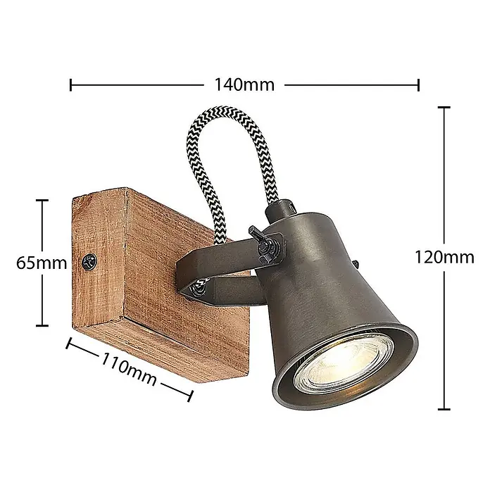 Lindby Deckenstrahler Grandesa - Holz dunkel, schwarz, GU10 - Wandstrahler mit Holzsockel und verstellbarem dunkelgrauem Metall-Lampenkopf. Mit geflochtenem Kabel.