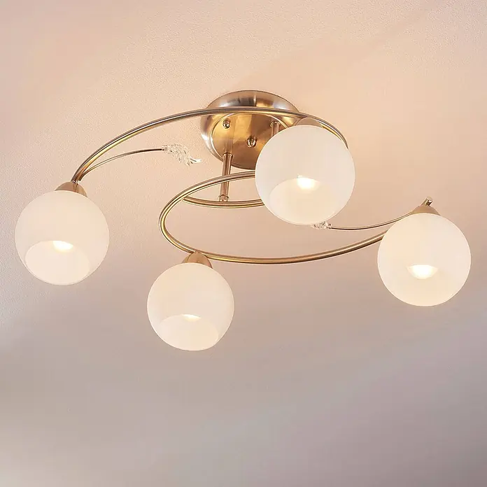 Lindby Deckenleuchte Svean - alu / grau / zink, E14 - Vierflammige Deckenleuchte mit gebürstetem Metallrahmen und Kugeln aus mattiertem Glas, verziert mit kleinen klaren Dekoelementen.