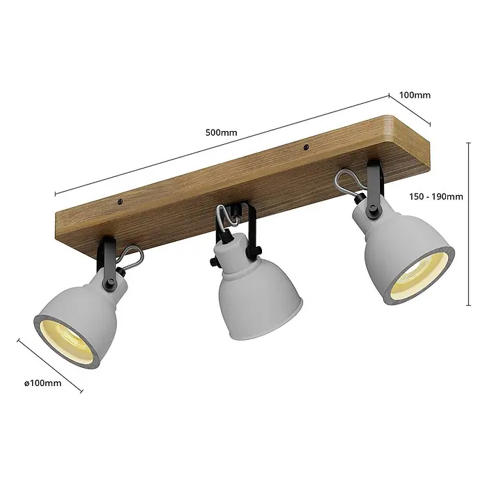 Lindby Deckenstrahler Mitis - Holz hell, alu / grau / zink, GU10 - Dreiflammige Holz-Spotleiste mit grauen, verstellbaren Strahlern. Maße: 500x100mm, Spots Ø100mm.