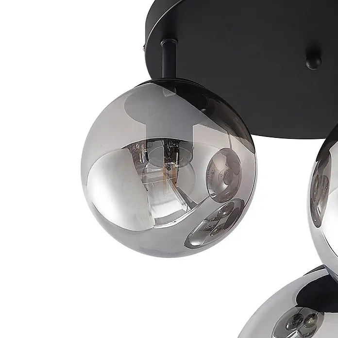 Lindby Deckenleuchte Teeja - schwarz, alu / grau / zink, E27 - Moderne Deckenleuchte mit schwarzer Halterung und rauchgrauen, kugelförmigen Glasschirmen.