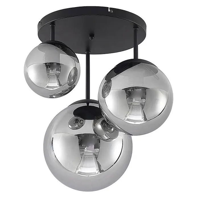 Lindby Deckenleuchte Teeja - schwarz, alu / grau / zink, E27 - Schwarze Deckenleuchte mit drei rauchverchromten Glaskugeln.