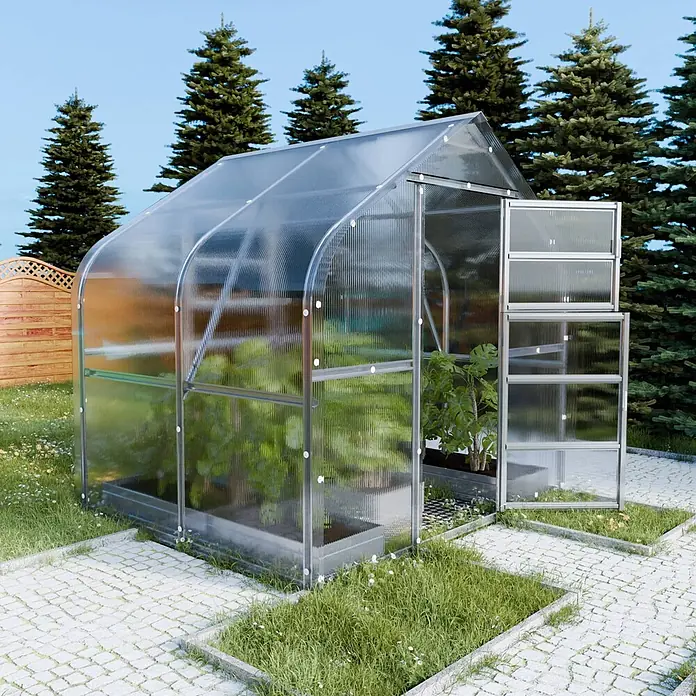 Klasika Greenhouses Gewächshaus Drop Klasika - Außenmaß inkl. Dachüberstand (B x T): 250 x 200 cm, Material Seitenwand: Kunststoff, 4 mm, Silbergrau - Transparentes Gewächshaus mit silbernem Aluminiumrahmen im Garten, mit offener Tür und Pflanzen im Inneren.