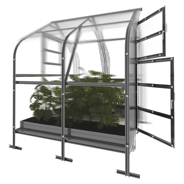 Klasika Greenhouses Gewächshaus Drop Klasika - Außenmaß inkl. Dachüberstand (B x T): 250 x 200 cm, Material Seitenwand: Kunststoff, 4 mm, Silbergrau - Transparentes Gewächshaus mit dunkelgrauem Rahmen und geöffneten Türen, Pflanzen enthaltend.