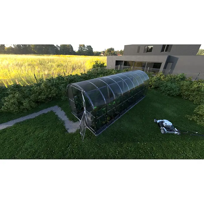 Klasika Greenhouses Gewächshaus Arch Klasika - Außenmaß inkl. Dachüberstand (B x T): 300 x 600 cm, Material Seitenwand: Kunststoff, 6 mm, Silbergrau - Bogengewächshaus mit transparenten Paneelen und Metallrahmen, Tür offen mit Pflanzen.
