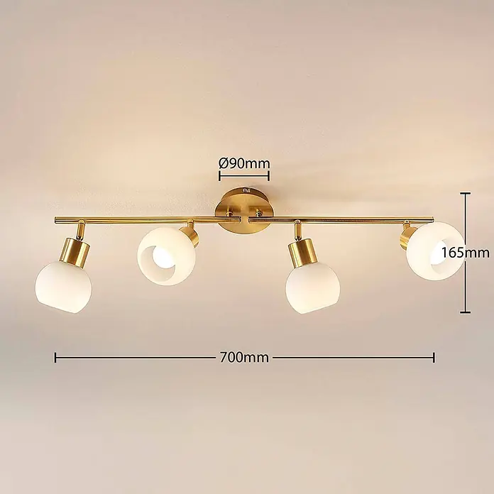 Lindby Deckenleuchte Elaina - messing / gold, E14 - Messingfarbene Deckenleuchte mit vier weißen Glas-Spotlights, 700mm lang und 165mm hoch.