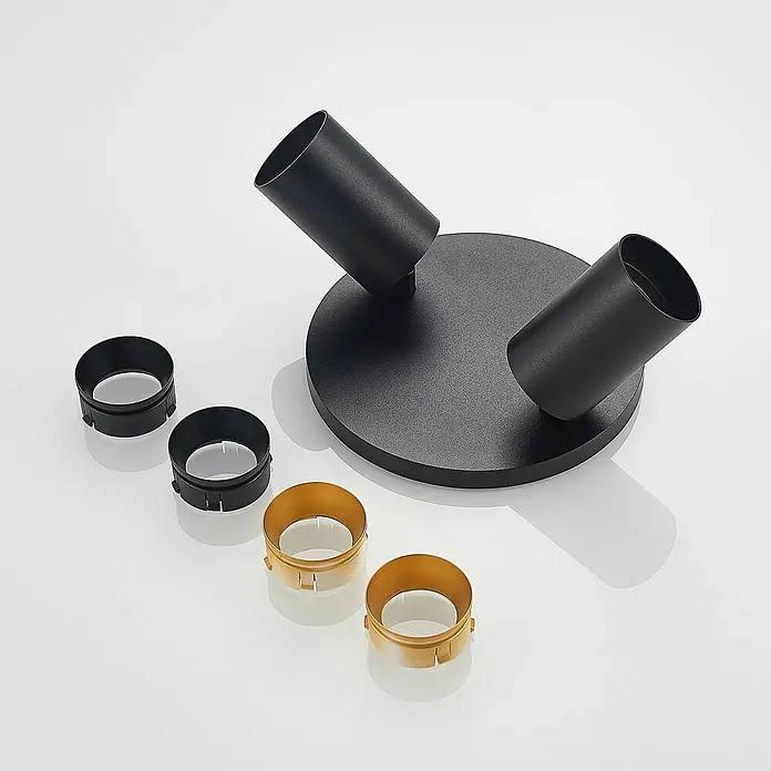 Arcchio Deckenstrahler Brinja - schwarz, schwarz, GU10 - Schwarze Doppelleuchte mit runder Basis und vier austauschbaren Ringen (zwei schwarz, zwei gold) für anpassbare Beleuchtung.