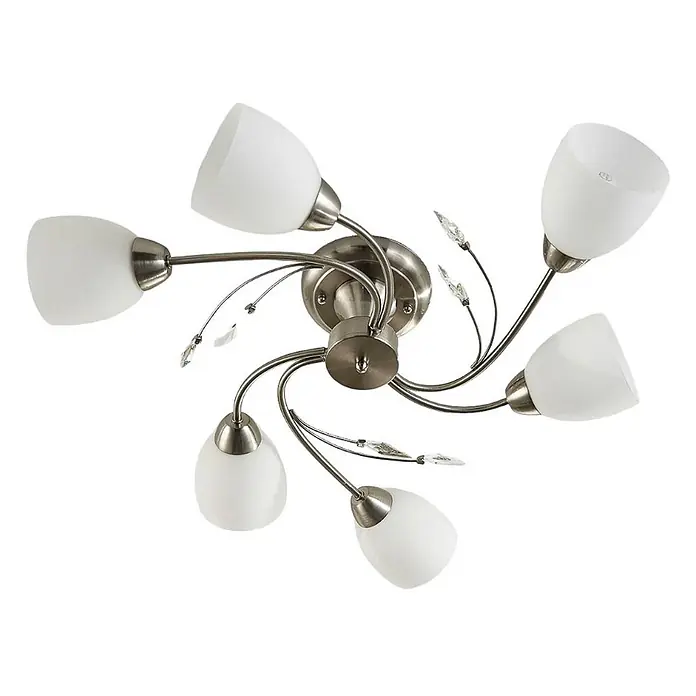Lindby Deckenleuchte Tatas - weiß / opal, E14 - Deckenleuchte aus gebürstetem Nickel mit sechs weißen Glasschirmen und Kristallakzenten.