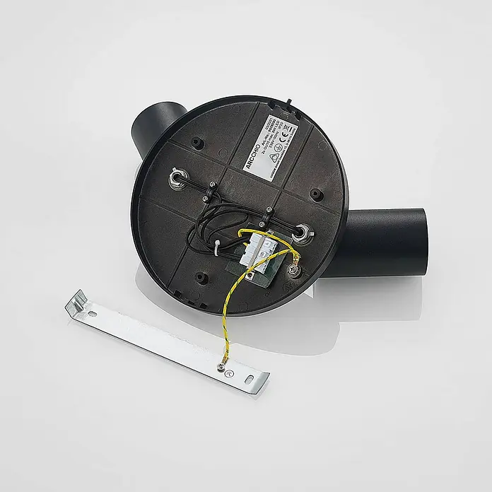 Arcchio Deckenstrahler Brinja - schwarz, schwarz, GU10 - Die Rückseite eines schwarzen Deckenstrahlers mit sichtbarer Verkabelung und einer Metallhalterung.