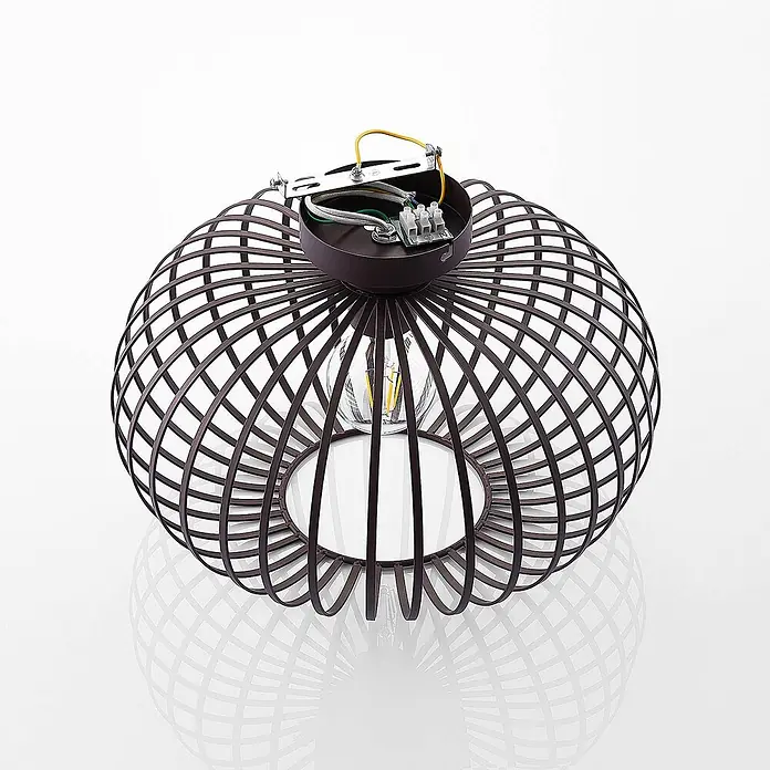 Lindby Deckenleuchte Nahele - braun / rost, braun / rost, E27 - Dunkelbraune, kugelförmige Gitter-Deckenleuchte mit sichtbarer LED-Glühbirne und Elektrik.