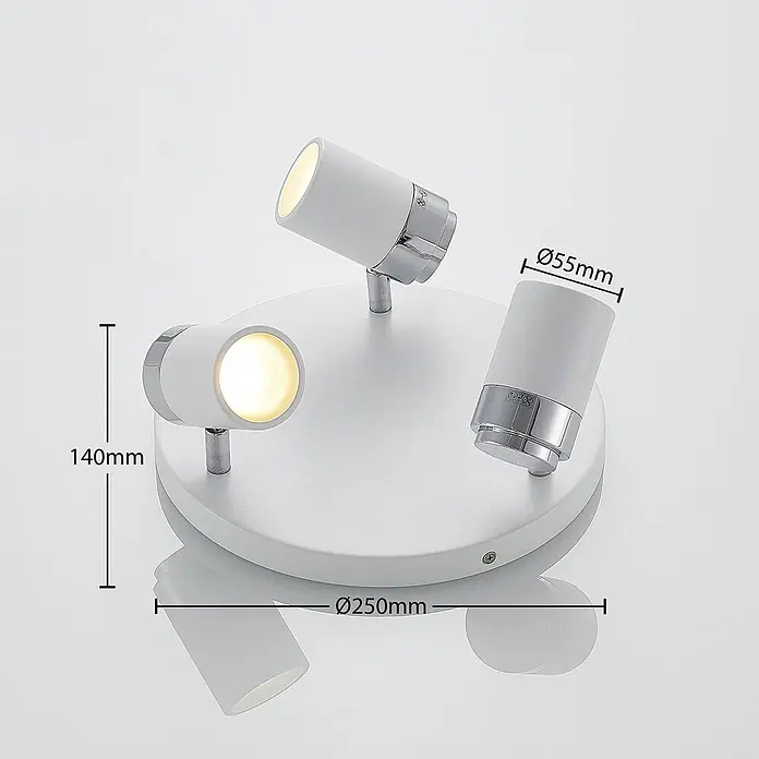 Lindby Deckenstrahler Kardo - L x B x H: 25 x 25 x 10,5 cm, weiß / opal, weiß / opal, GU10 - Weißer dreiflammiger Deckenstrahler mit Chromdetails. Basis Ø250mm, Höhe 140mm, Spotkopf Ø55mm.