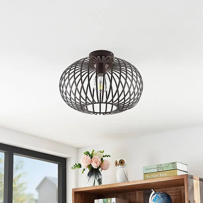Lindby Deckenleuchte Nahele - braun / rost, braun / rost, E27 - Dunkelbraune Deckenleuchte aus Metallgeflecht mit sichtbarer Glühbirne.