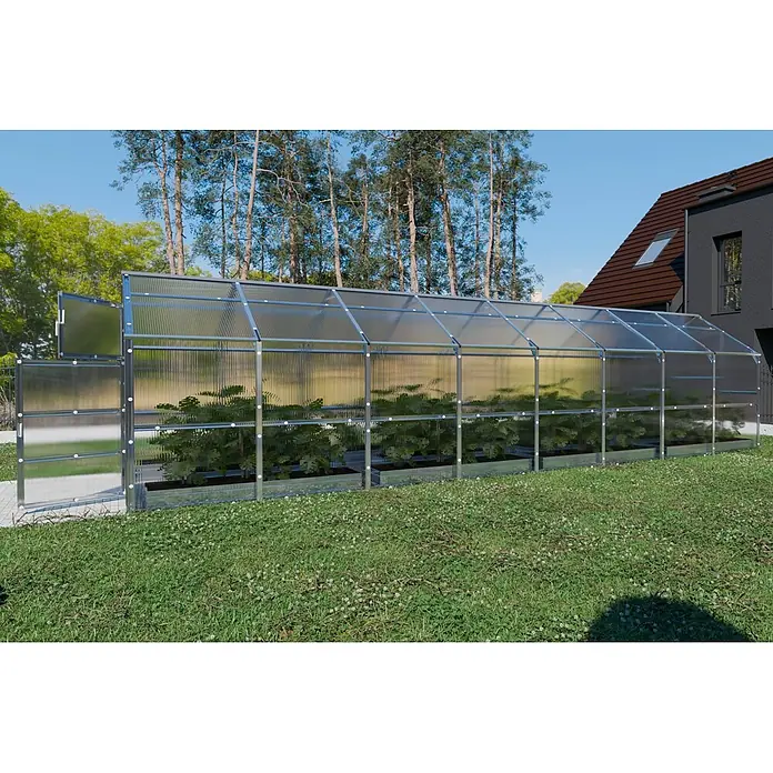 Klasika Greenhouses Gewächshaus Bernard Klasika - Außenmaß inkl. Dachüberstand (B x T): 235 x 800 cm, Material Seitenwand: Kunststoff, 6 mm, Silbergrau - Langes Gewächshaus mit Metallrahmen und klaren Wellplatten, mit Pflanzen in einem Garten.