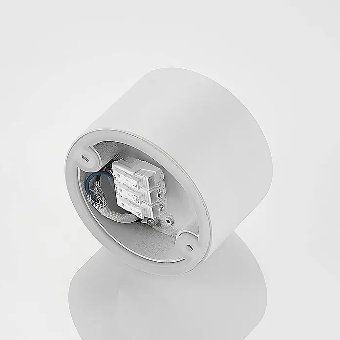 Arcchio Deckenstrahler Nieva - weiß / opal, weiß / opal, G9 - Weißes zylindrisches Leuchtengehäuse mit sichtbarem internem Elektroanschluss und Verkabelung zur Installation.