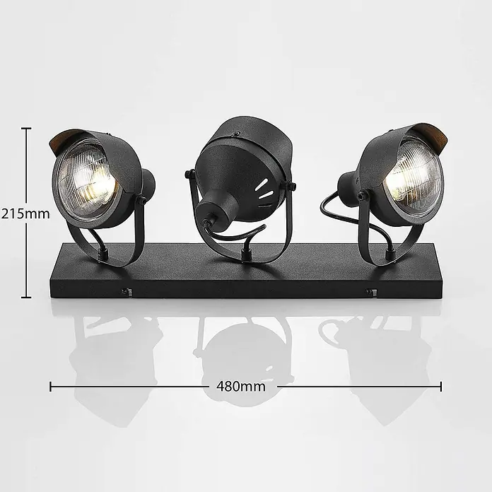 Lindby Deckenstrahler Henega - L x B x H: 52 x 15 x 21,5 cm, schwarz, schwarz, GU10 - Schwarze Metall-Dreifach-Spotleuchte, 215mm hoch und 480mm breit, mit rechteckigem Sockel. Zwei Lichter leuchten.