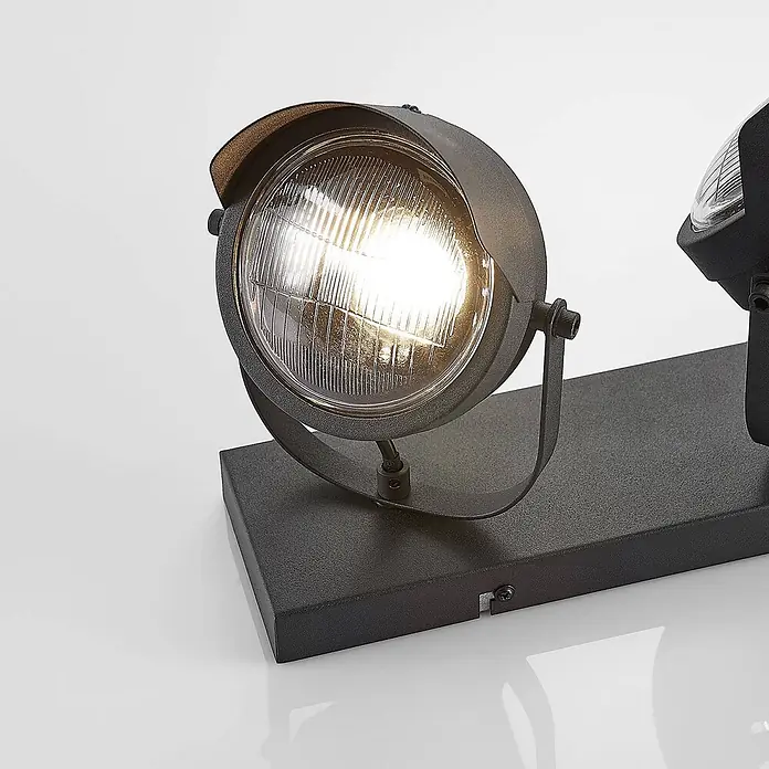 Lindby Deckenstrahler Henega - L x B x H: 52 x 15 x 21,5 cm, schwarz, schwarz, GU10 - Dunkelgraue, texturierte Metall-Spotlight-Leiste mit zwei verstellbaren, beleuchteten Lampen mit klarem, gemustertem Glas.
