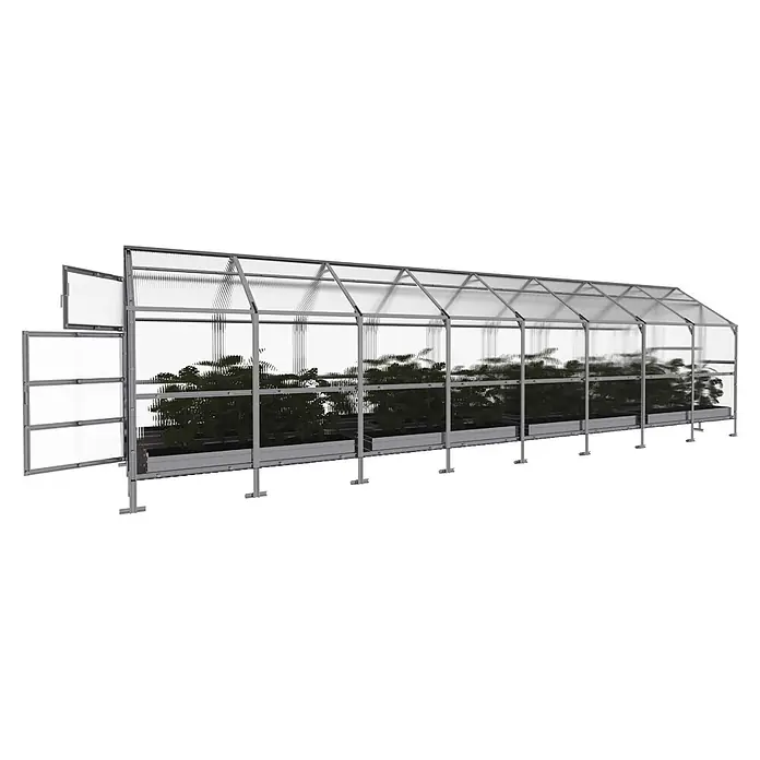 Klasika Greenhouses Gewächshaus Bernard Klasika - Außenmaß inkl. Dachüberstand (B x T): 235 x 800 cm, Material Seitenwand: Kunststoff, 6 mm, Silbergrau - Langes graues Metallgewächshaus mit klaren gerippten Platten und grünen Pflanzen in Pflanzgefäßen. Eine Seitentür/ein Fenster ist geöffnet.