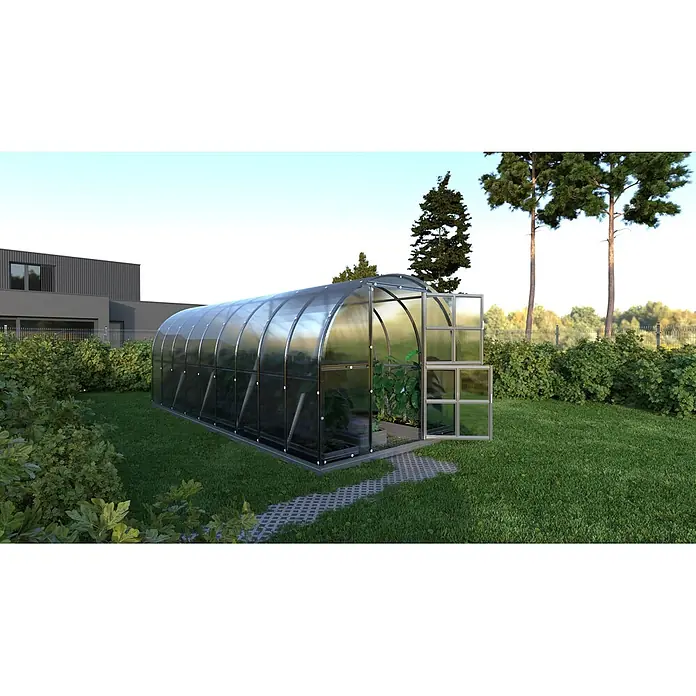 Klasika Greenhouses Gewächshaus Arch Klasika - Außenmaß inkl. Dachüberstand (B x T): 300 x 600 cm, Material Seitenwand: Kunststoff, 6 mm, Silbergrau - Gewölbtes, lichtdurchlässiges Gewächshaus mit offener Tür, das Pflanzen im Inneren zeigt. Steht in einem Garten mit Steinweg.