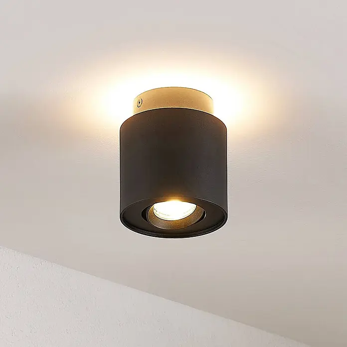 Arcchio Deckenstrahler Walisa - schwarz, schwarz, GU10 - Schwarzer zylindrischer Deckenstrahler mit goldener Basis, spendet warmes Licht.