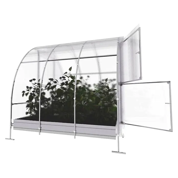 Klasika Greenhouses Gewächshaus Easy Klasika - Außenmaß inkl. Dachüberstand (B x T): 300 x 200 cm, Material Seitenwand: Kunststoff, 4 mm, Silbergrau - Gebogenes Mini-Gewächshaus mit transparenten Platten und silbernem Rahmen, mit Pflanzen darin. Eine Klappe ist offen.