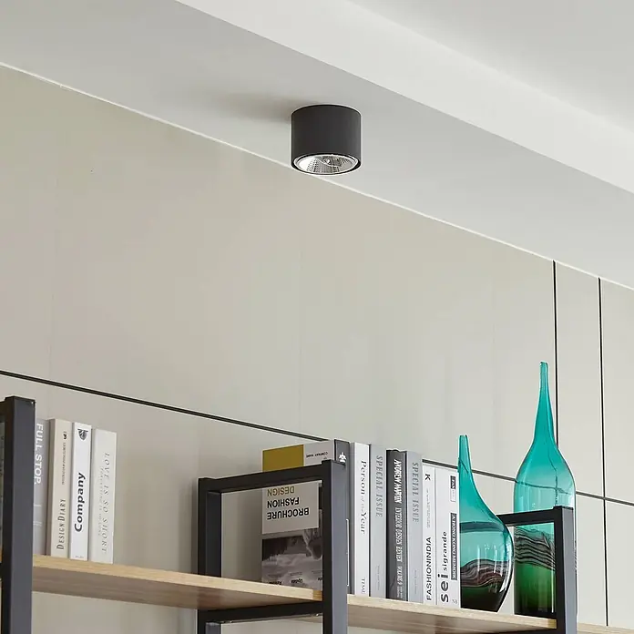 Arcchio Deckenstrahler Mabel - alu / grau / zink, alu / grau / zink, GU10 - Schwarze zylindrische Deckenleuchte beleuchtet ein Bücherregal darunter.