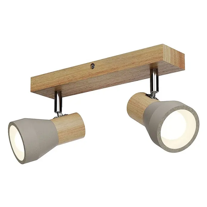 Lindby Deckenstrahler Filiz - Holz hell, E14 - Deckenstrahler mit zwei Spots: Holzleiste, hellgraue Betonoptik- und Naturholz-Spots, Chromdetails.