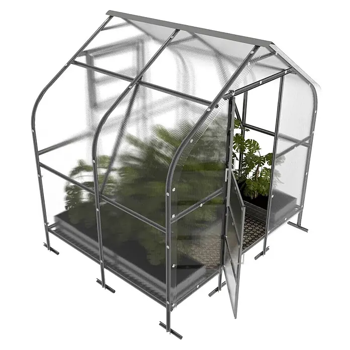 Klasika Greenhouses Gewächshaus Drop Klasika - Außenmaß inkl. Dachüberstand (B x T): 250 x 200 cm, Material Seitenwand: Kunststoff, 4 mm, Silbergrau - Kompaktes Gewächshaus mit grauem Metallrahmen und durchsichtigen Platten, grünen Pflanzen und geöffneter Tür.
