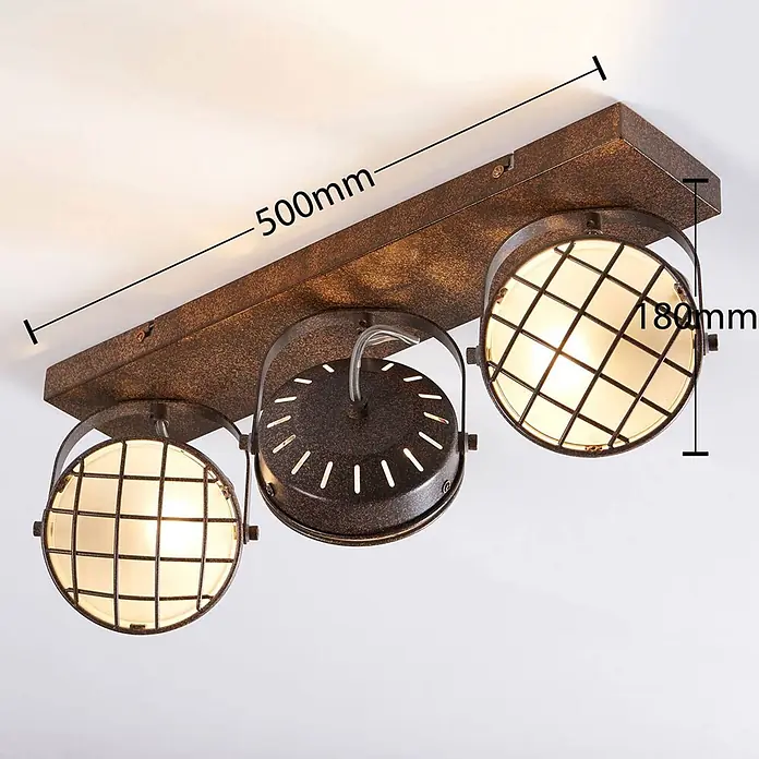 Lindby Deckenstrahler Tamin - L x B x H: 48 x 13 x 18 cm, braun / rost, braun / rost, G9 - Vintage braune 3-Flammen-Deckenleuchte mit Metallgitterköpfen. 500mm lang, 180mm hoch.