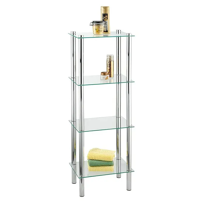 Wenko Estantería de baño Yago - L x An x Al: 30 x 30 x 104 cm, Acero - Carro estrecho de estantes de vidrio de cuatro niveles con marco cromado y diversos productos de baño y toallas.