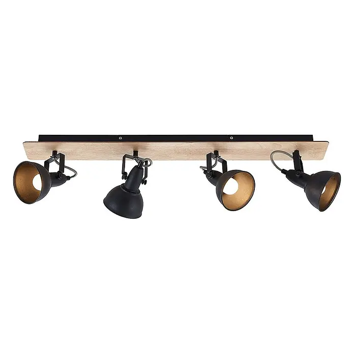 Lindby Deckenstrahler Aylis - Holz dunkel, schwarz, E14 - Schwarze Metall-Deckenleiste mit vier Spots, goldfarbenem Inneren auf heller Holzbasis.
