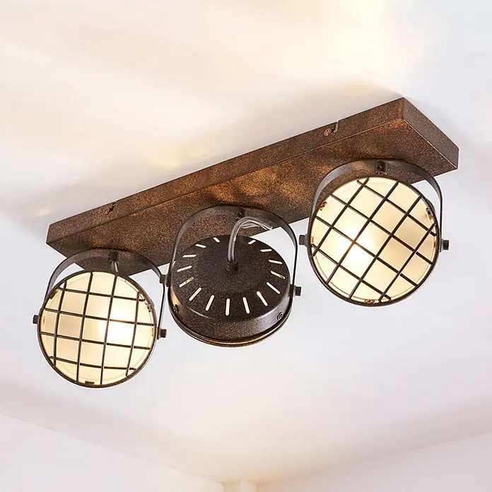 Lindby Deckenstrahler Tamin - L x B x H: 48 x 13 x 18 cm, braun / rost, braun / rost, G9 - Rustikale Deckenleuchte aus braunem Metall mit drei verstellbaren Strahlern und Gitterdesign.