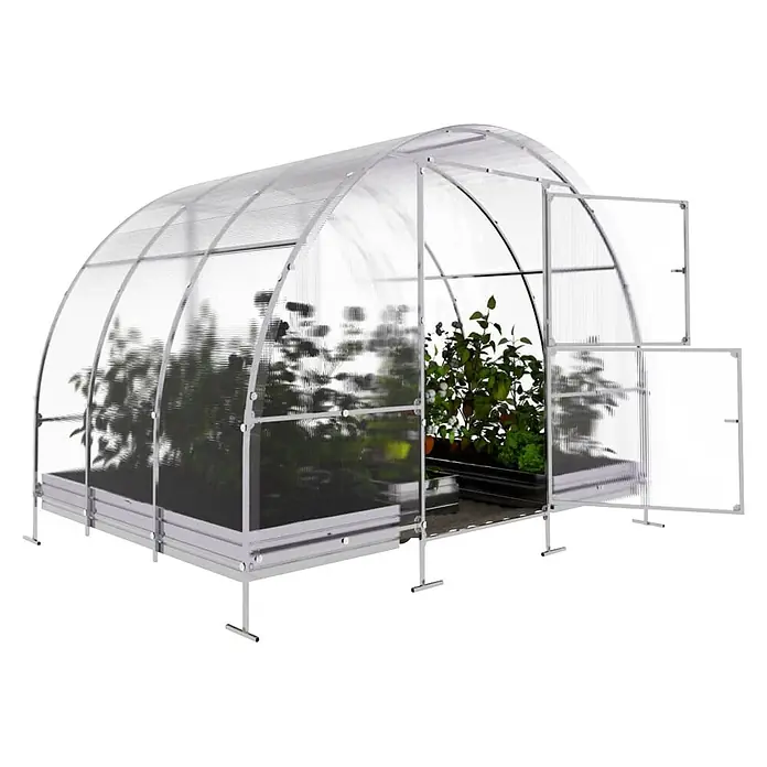 Klasika Greenhouses Gewächshaus Easy Klasika - Außenmaß inkl. Dachüberstand (B x T): 300 x 200 cm, Material Seitenwand: Kunststoff, 4 mm, Silbergrau - Transparentes Gewächshaus mit Metallrahmen und Pflanzen darin, mit geöffneten Doppeltüren.