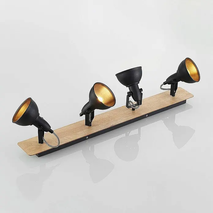 Lindby Deckenstrahler Aylis - Holz dunkel, schwarz, E14 - Vierflammiger Schienenspot mit schwarzen, verstellbaren Köpfen, goldener Innenseite und Holzleiste.
