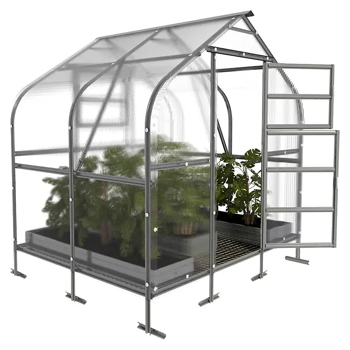 Klasika Greenhouses Gewächshaus Drop Klasika - Außenmaß inkl. Dachüberstand (B x T): 250 x 200 cm, Material Seitenwand: Kunststoff, 4 mm, Silbergrau - Graues Gewächshaus mit Metallrahmen und transparenten Platten, mit Topfpflanzen und offener Tür mit Lüftungsschlitzen.