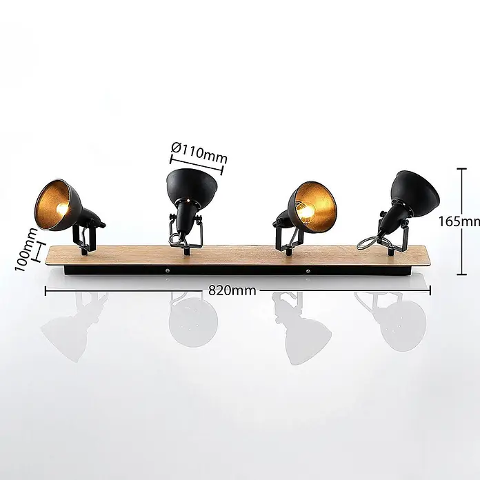 Lindby Deckenstrahler Aylis - Holz dunkel, schwarz, E14 - Vierflammige Deckenleuchte mit schwarzem Metall und Holzsockel, Maße 820x165mm.