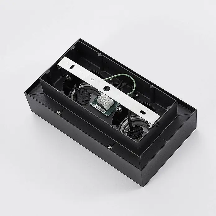 Arcchio Deckenstrahler Vince - L x B x H: 25 x 14 x 8,5 cm, schwarz, schwarz, GU10 - Offene schwarze rechteckige Wandleuchte mit Verkabelung, Klemmenblock (L N) und zwei Lampenfassungen.