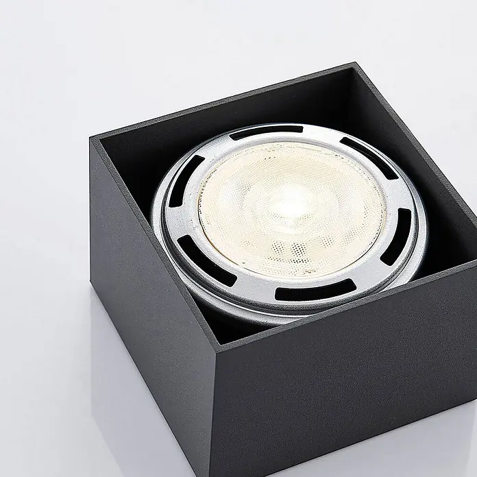Arcchio Deckenstrahler Mabel - alu / grau / zink, alu / grau / zink, GU10 - Dunkelgrauer quadratischer LED-Aufbaustrahler mit runder, silberfarbener beleuchteter Lichtquelle.