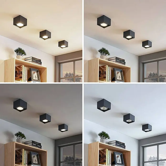 Arcchio Deckenstrahler Mabel - alu / grau / zink, alu / grau / zink, GU10 - Dunkle quadratische Deckenstrahler zeigen verschiedene Lichtfarben in einem modernen Raum.
