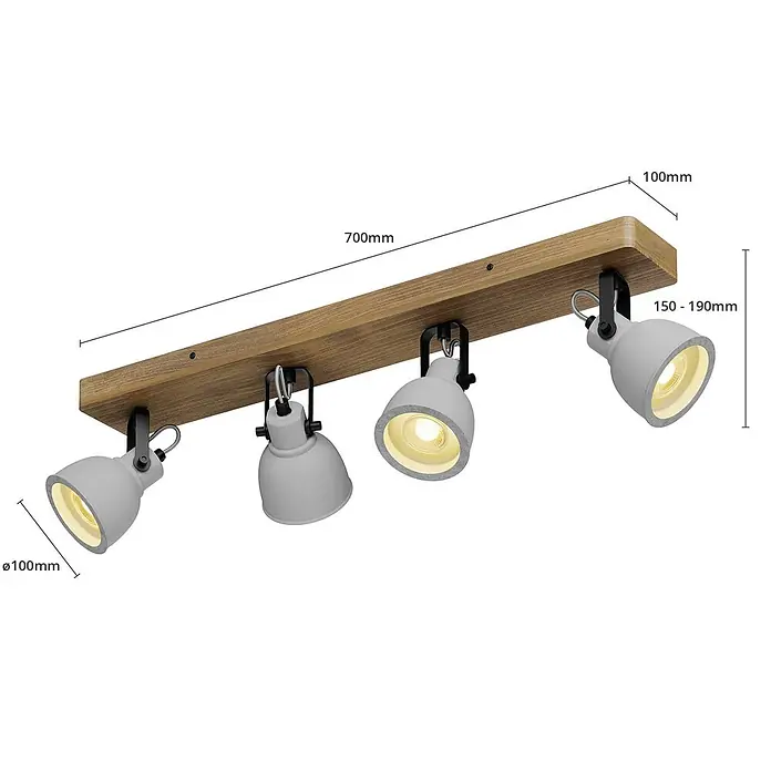 Lindby Deckenstrahler Mitis - Holz dunkel, alu / grau / zink, GU10 - Deckenleuchte aus Holz mit vier verstellbaren grauen Strahlern auf einem rechteckigen Balken.