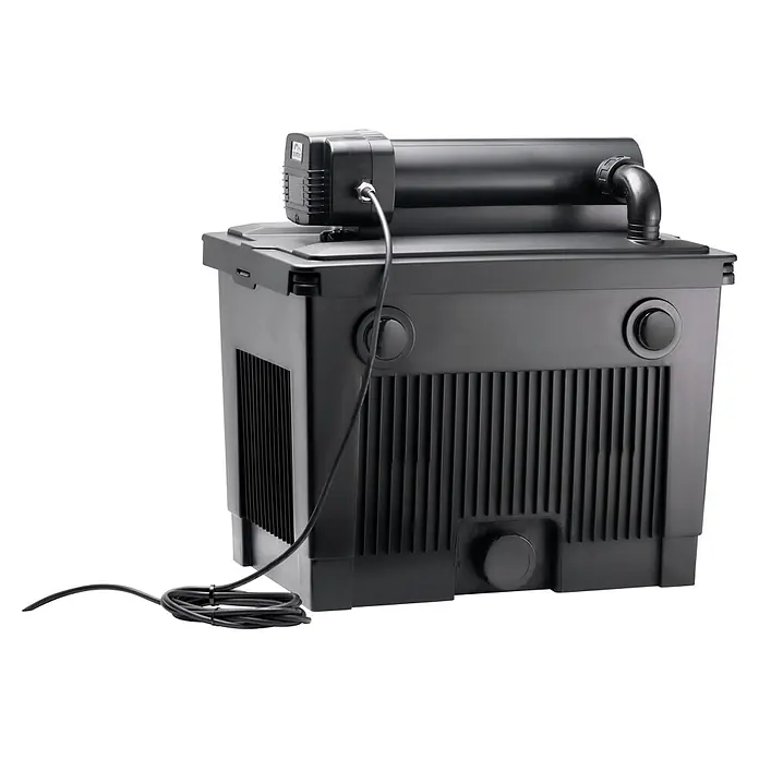 Pontec MultiClear Durchlauffilter-Set MultiClear - Teichgröße: 25.000 l - Schwarze Teichfilteranlage mit integriertem UV-Klärer und Stromkabel.