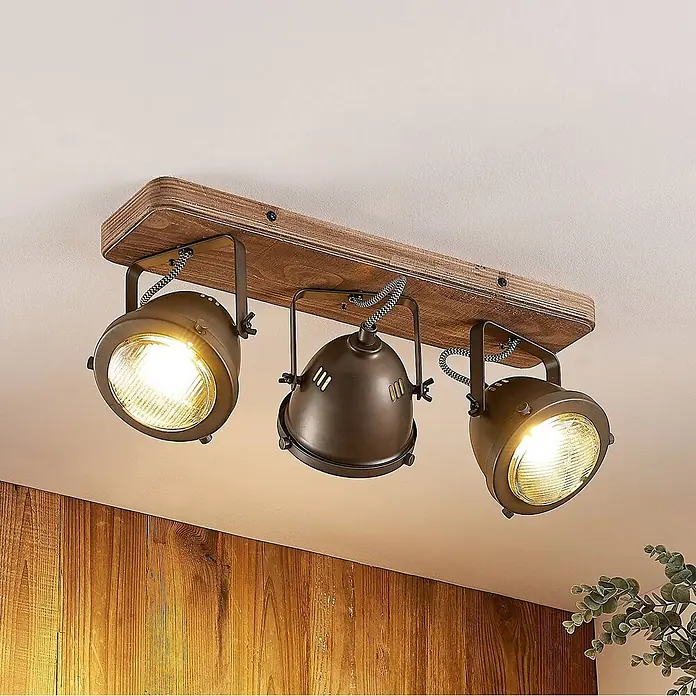 Lindby Deckenstrahler Farovi - L x B x H: 44 x 13 x 17,5 cm, Holz dunkel, schwarz, GU10 - Industrielle Deckenleuchte mit drei verstellbaren dunklen Metallstrahlern auf rustikalem Holzbalken.