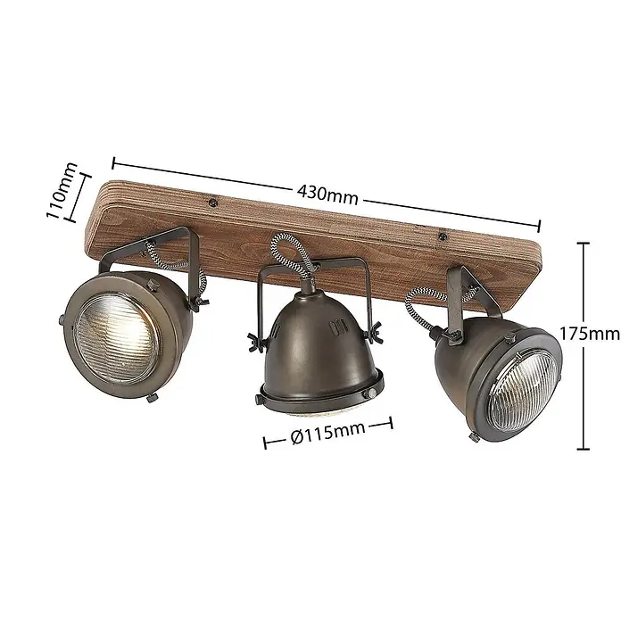 Lindby Deckenstrahler Farovi - L x B x H: 44 x 13 x 17,5 cm, Holz dunkel, schwarz, GU10 - Drei-flammige Deckenleuchte im Industrial-Stil mit Holzsockel und dunklen Metallspots.