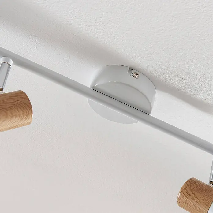 Lindby Deckenstrahler Fridolin - L x B x H: 160 x 10 x 21,5 cm, weiß / opal, weiß / opal, E14 - Weiße Deckenschiene mit runder Deckenhalterung und zwei Strahlern mit Holzdetails.
