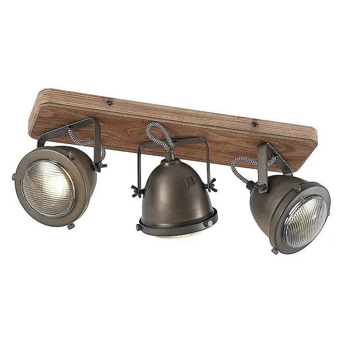 Lindby Deckenstrahler Farovi - L x B x H: 44 x 13 x 17,5 cm, Holz dunkel, schwarz, GU10 - Dreifache Deckenleuchte mit dunklen Metallspots auf Holzbalken und geflochtenen Kabeln.