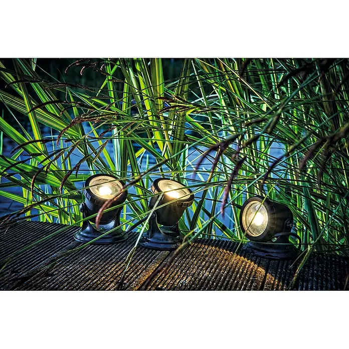 Pontec Teichbeleuchtung PondoStar Set 3 - 1 W, Mit Trafo - Drei schwarze Außenstrahler beleuchten nachts panaschiertes Gras auf strukturierter Oberfläche.