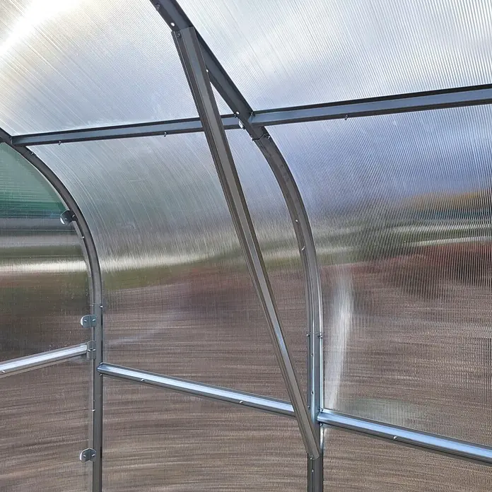 Klasika Greenhouses Gewächshaus Drop Klasika - Außenmaß inkl. Dachüberstand (B x T): 250 x 200 cm, Material Seitenwand: Kunststoff, 6 mm, Silbergrau - Gewächshaus-Innenansicht mit durchscheinenden Wellplatten und stabilem Metallrahmen.