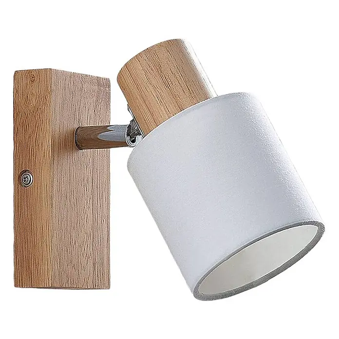 Lindby Deckenstrahler Wanessa - Holz hell, E14 - Moderne verstellbare Wandleuchte mit Naturholzsockel, Chromarm und weißem zylindrischen Schirm.